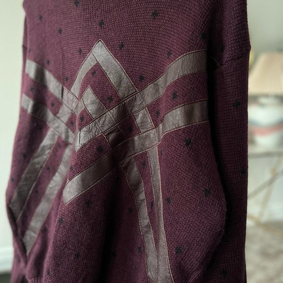 Vintage Men's Maroon Sweater by Signor Angelo - Italian, Leather Detail - Picture 4 of 6